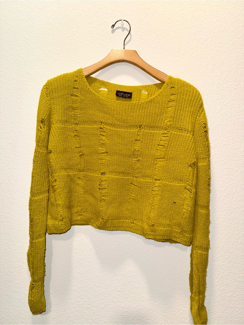 Topshop Distressed Knit Cropped Sweater – Mustard Yellow – US 8